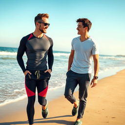 A fit, athletic man in stylish sportswear engaged in conversation with a young man as they stroll along a scenic beach