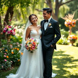 A whimsical and romantic image of a bride and groom joyfully standing together in a picturesque garden, both dressed in stunning wedding attire