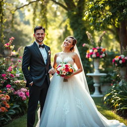 A whimsical and romantic image of a bride and groom joyfully standing together in a picturesque garden, both dressed in stunning wedding attire