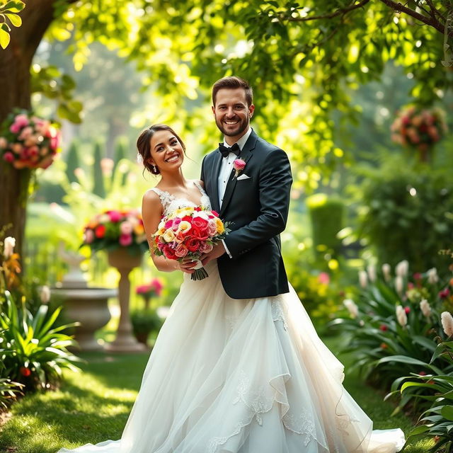 A whimsical and romantic image of a bride and groom joyfully standing together in a picturesque garden, both dressed in stunning wedding attire