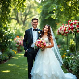 A whimsical and romantic image of a bride and groom joyfully standing together in a picturesque garden, both dressed in stunning wedding attire