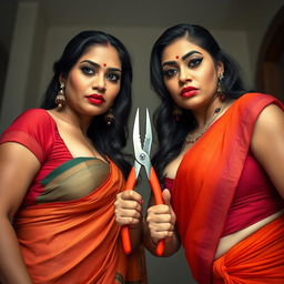 Two sexy hot busty milf aunties dressed in vibrant sarees and low-cut tight blouses, bent forward in a powerful and commanding pose, looking directly at a low camera angle