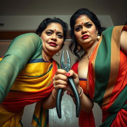 Two sexy hot busty milf aunties dressed in vibrant sarees and low-cut tight blouses, bent forward in a powerful and commanding pose, looking directly at a low camera angle
