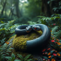 A strikingly detailed black snake with piercing red eyes, curled gracefully on a moss-covered rock in a lush green forest
