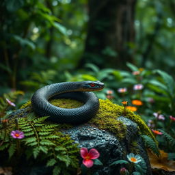 A strikingly detailed black snake with piercing red eyes, curled gracefully on a moss-covered rock in a lush green forest