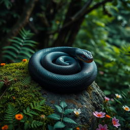 A strikingly detailed black snake with piercing red eyes, curled gracefully on a moss-covered rock in a lush green forest