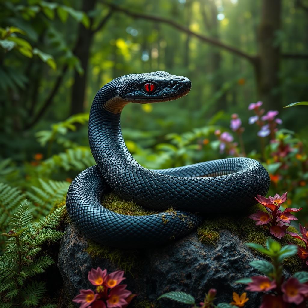 A strikingly detailed black snake with piercing red eyes, curled gracefully on a moss-covered rock in a lush green forest