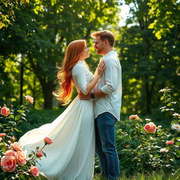 A romantic scene featuring a couple with long, flowing red hair, standing closely together in a lush, green park