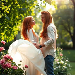 A romantic scene featuring a couple with long, flowing red hair, standing closely together in a lush, green park
