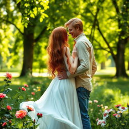 A romantic scene featuring a couple with long, flowing red hair, standing closely together in a lush, green park