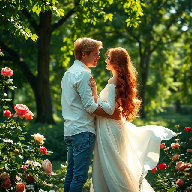 A romantic scene featuring a couple with long, flowing red hair, standing closely together in a lush, green park