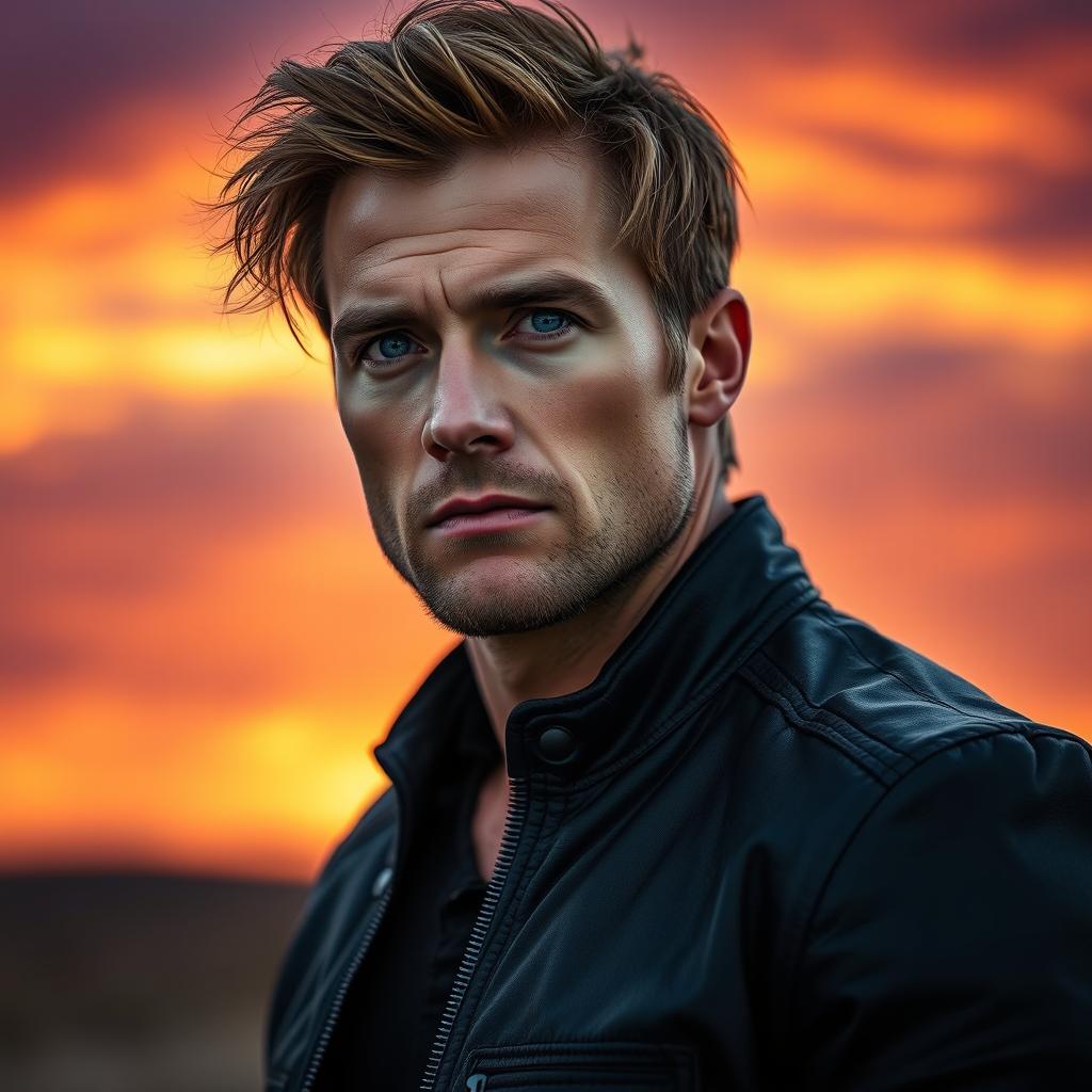 A portrait of a ruggedly handsome man with a strong jawline and piercing blue eyes, wearing a fitted black leather jacket