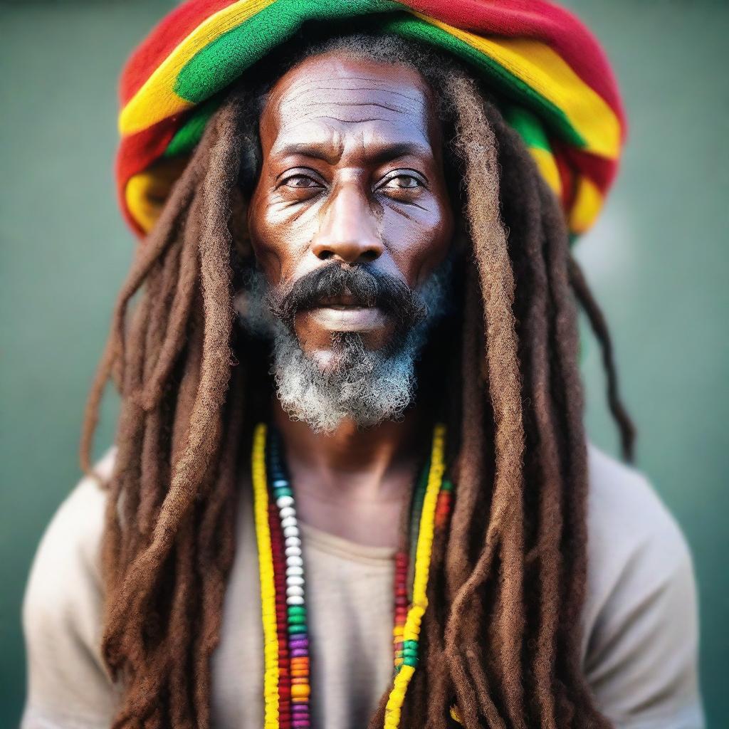 This is a high-quality photograph of a handsome Rastafarian man, taken with a Canon EOS R5 camera using a Canon RF 100mm f/2