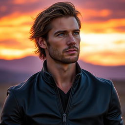 A portrait of a ruggedly handsome man with a strong jawline and piercing blue eyes, wearing a fitted black leather jacket