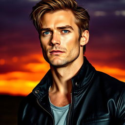 A portrait of a ruggedly handsome man with a strong jawline and piercing blue eyes, wearing a fitted black leather jacket