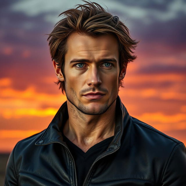 A portrait of a ruggedly handsome man with a strong jawline and piercing blue eyes, wearing a fitted black leather jacket