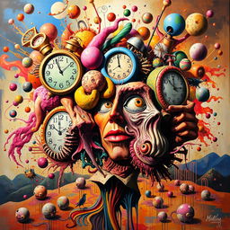 A surreal and abstract representation of 'brain rot', featuring a vibrant explosion of colors and shapes