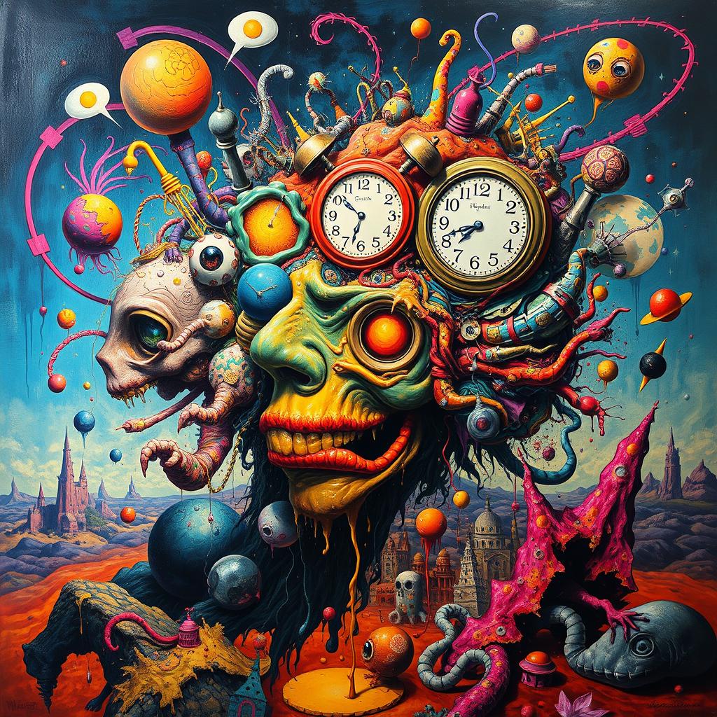 A surreal and abstract representation of 'brain rot', featuring a vibrant explosion of colors and shapes