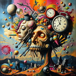 A surreal and abstract representation of 'brain rot', featuring a vibrant explosion of colors and shapes