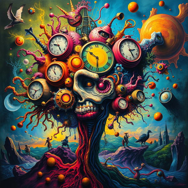 A surreal and abstract representation of 'brain rot', featuring a vibrant explosion of colors and shapes