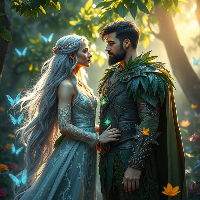 A beautiful fantasy couple standing in an enchanted forest, surrounded by glowing magical creatures and vibrant flowers