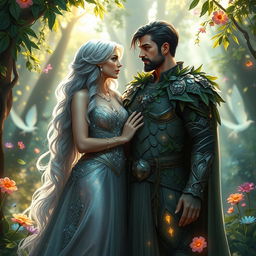 A beautiful fantasy couple standing in an enchanted forest, surrounded by glowing magical creatures and vibrant flowers