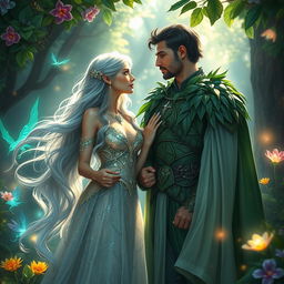 A beautiful fantasy couple standing in an enchanted forest, surrounded by glowing magical creatures and vibrant flowers