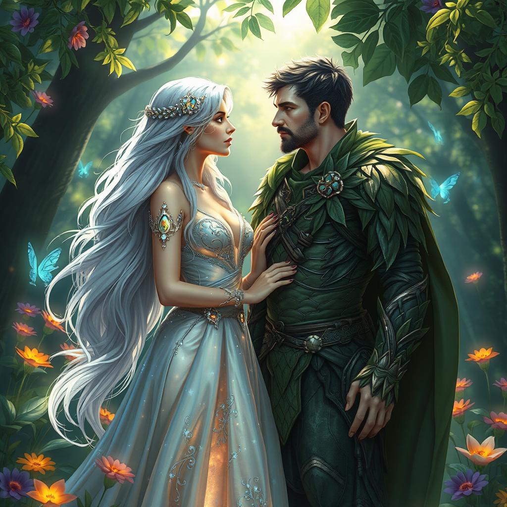 A beautiful fantasy couple standing in an enchanted forest, surrounded by glowing magical creatures and vibrant flowers