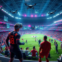 A futuristic scene depicting the future of football, featuring a high-tech stadium with holographic screens displaying player stats and match analytics