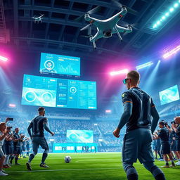 A futuristic scene depicting the future of football, featuring a high-tech stadium with holographic screens displaying player stats and match analytics