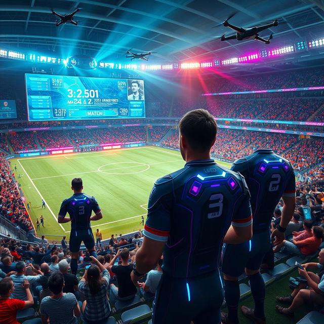 A futuristic scene depicting the future of football, featuring a high-tech stadium with holographic screens displaying player stats and match analytics