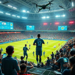 A futuristic scene depicting the future of football, featuring a high-tech stadium with holographic screens displaying player stats and match analytics