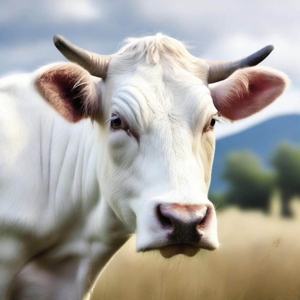 A high-quality, hyper-realistic digital art image showcasing a white cow in its natural habitat