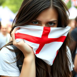 A scene featuring a shy English teenage girl using the flag of England to cover her face in a playful yet embarrassed manner