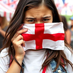 A scene featuring a shy English teenage girl using the flag of England to cover her face in a playful yet embarrassed manner