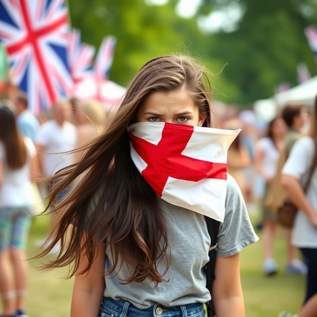 A scene featuring a shy English teenage girl using the flag of England to cover her face in a playful yet embarrassed manner