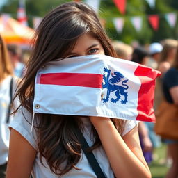A scene featuring a shy English teenage girl using the flag of England to cover her face in a playful yet embarrassed manner