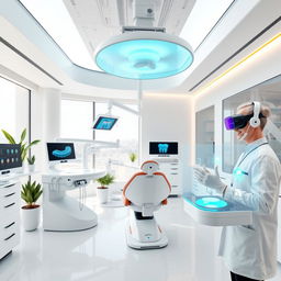 A futuristic dental clinic, showcasing innovative technology and design