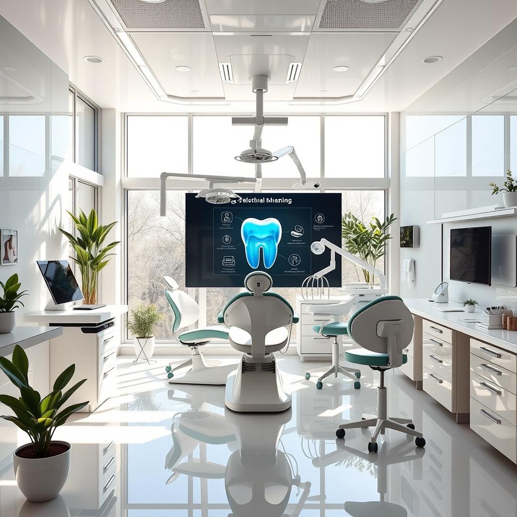 A futuristic dental clinic, showcasing innovative technology and design