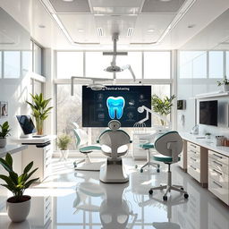 A futuristic dental clinic, showcasing innovative technology and design