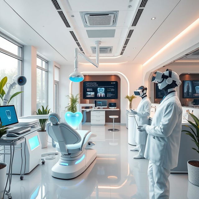 A futuristic dental clinic, showcasing innovative technology and design