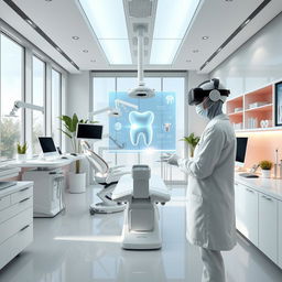 A futuristic dental clinic, showcasing innovative technology and design
