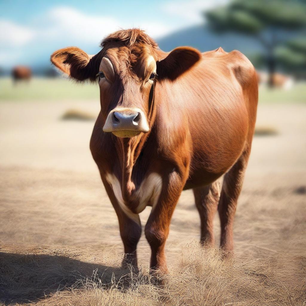 A high-quality, hyper-realistic digital art image featuring a brown cow in a natural setting