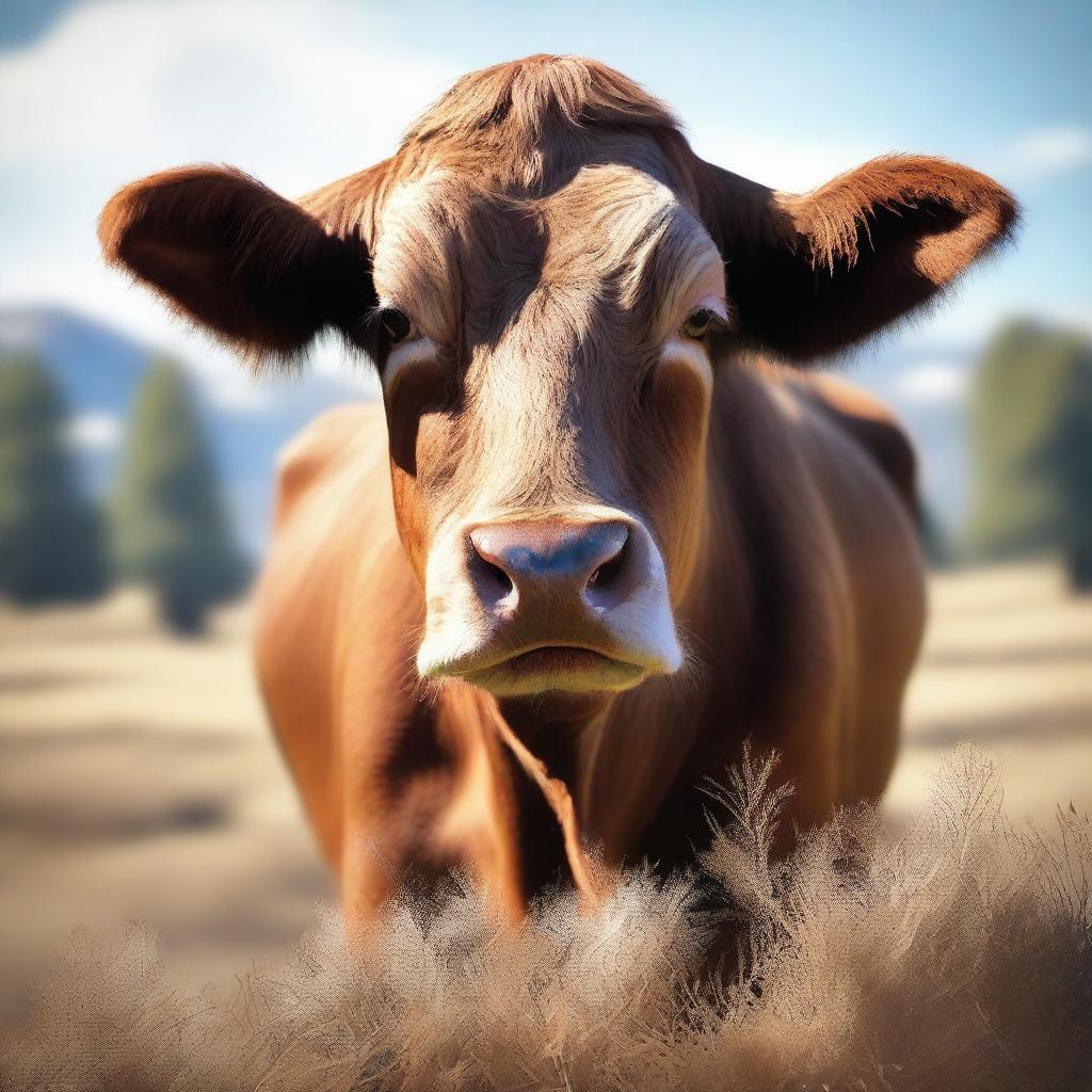 A high-quality, hyper-realistic digital art image featuring a brown cow in a natural setting