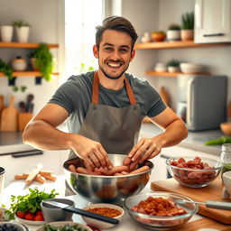 A young man in a stylish kitchen, enthusiastically making sausages from scratch