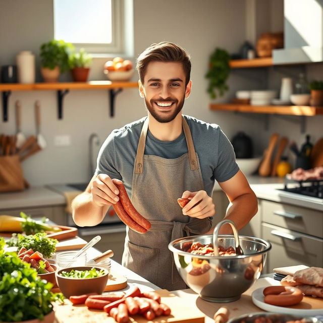 A young man in a stylish kitchen, enthusiastically making sausages from scratch