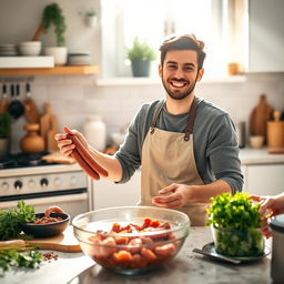 A young man in a stylish kitchen, enthusiastically making sausages from scratch