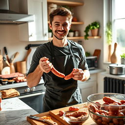 A young man in a stylish kitchen, enthusiastically making sausages from scratch
