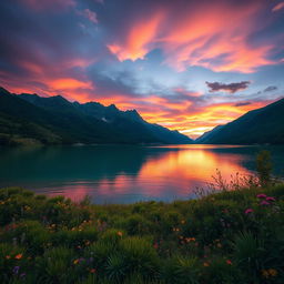 An enchanting landscape featuring a serene lake surrounded by majestic mountains under a dramatic sky