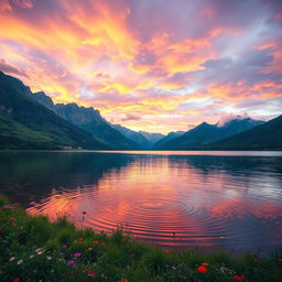 An enchanting landscape featuring a serene lake surrounded by majestic mountains under a dramatic sky
